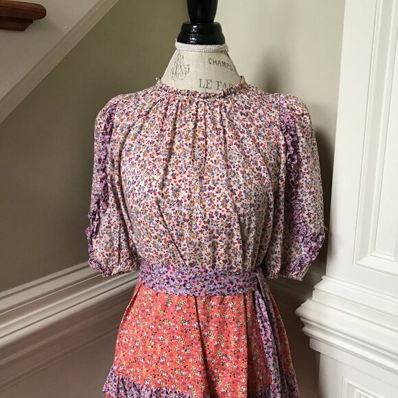 Ann Taylor Floral Fit & Flare Dress Womens 6 Orange Purple Crew Neck Mini Ruffle - Picture 5 of 13